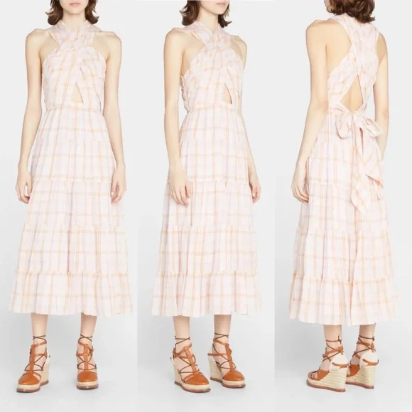 ULLA JOHNSON Noelle Crossover Halter Back-Tie Midi Plaid Dress NEW - Picture 4 of 14